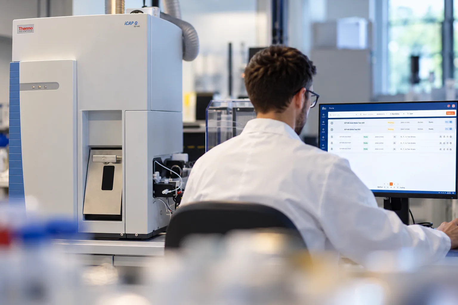 Analist in labojas achter een scherm met MetalAnalysis, naast een Thermo Scientific iCAP Q ICP-MS