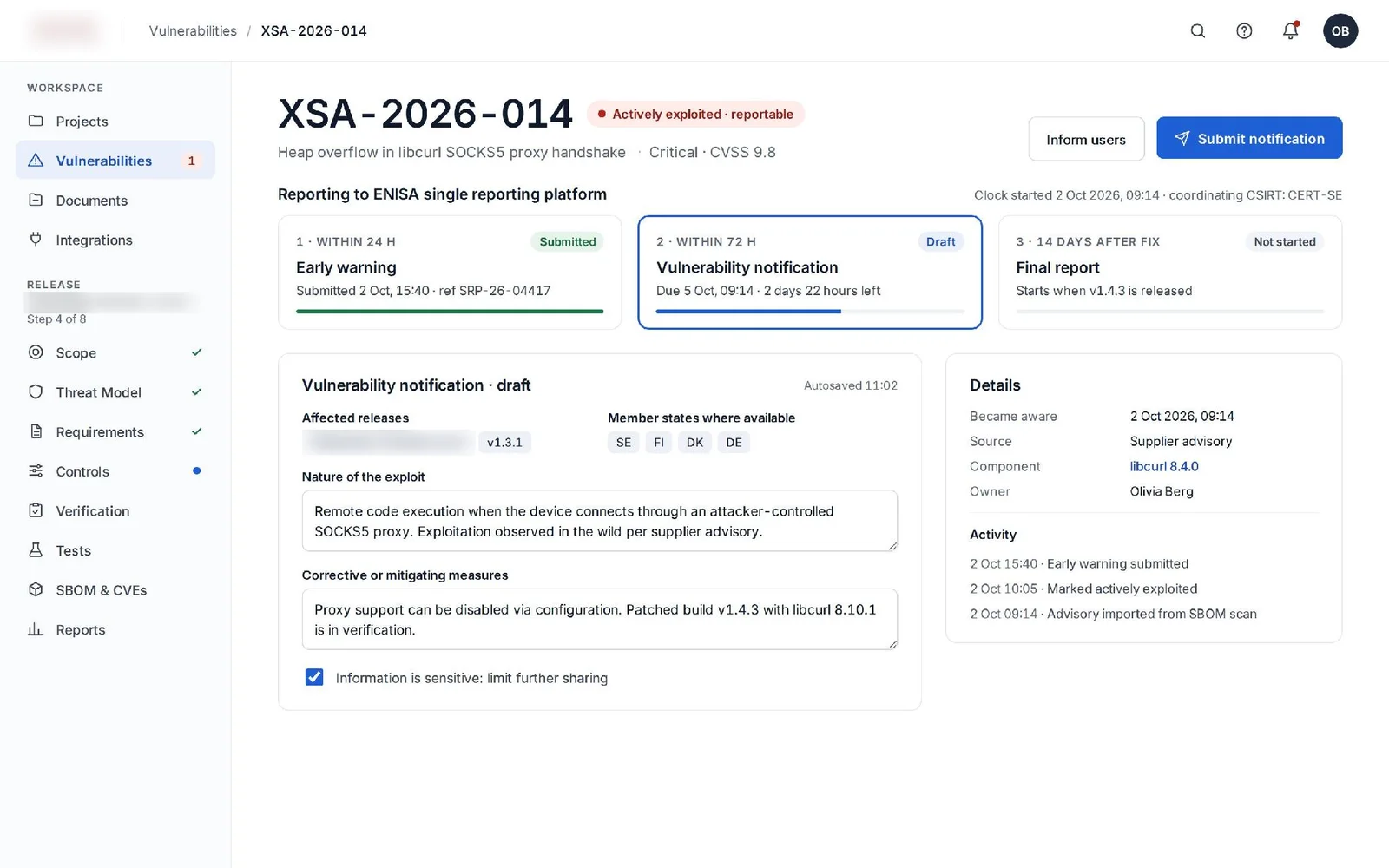 CRA-applicatie: Meldingen
